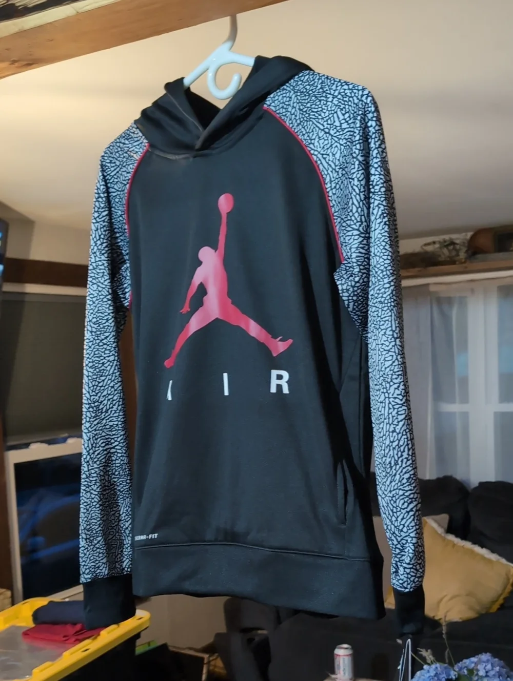 Jordan Black Hoodie with Pink/Red Jumpman and Gray Patterned Sleeves
